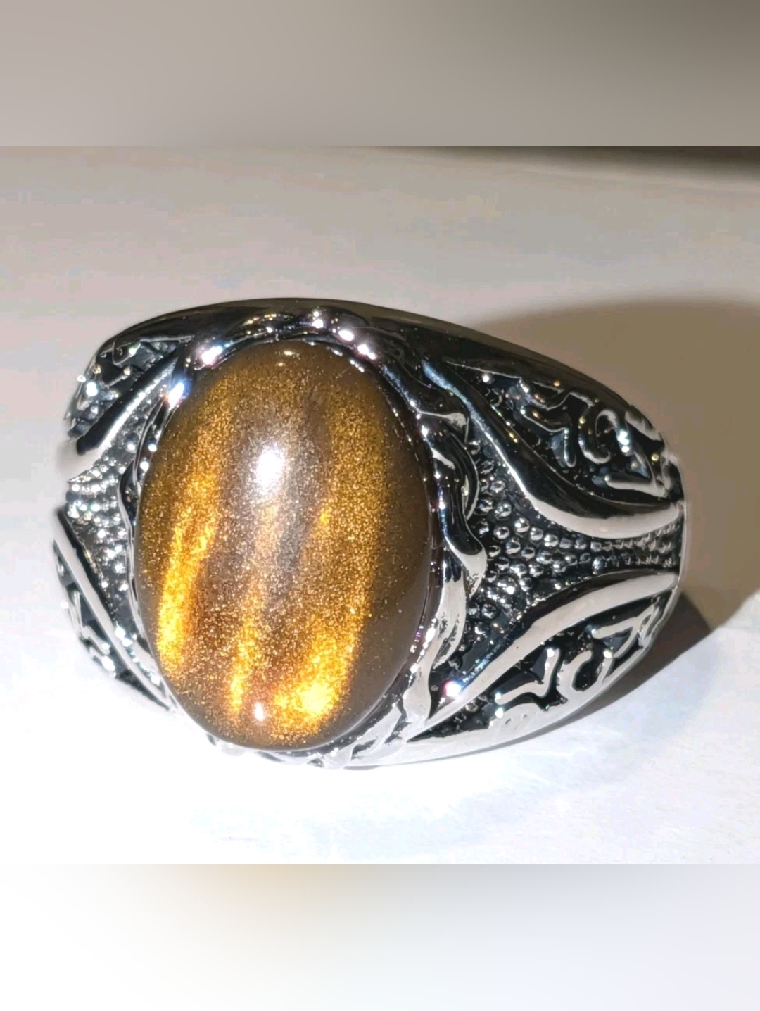 Men Oval Tiger Eye Gemstone Silver Plated Ring , Brown Veined Stone Ring Sz 10